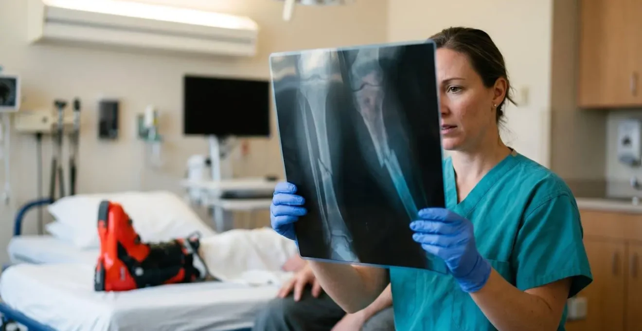 Personnel médical examinant une radiographie de jambe dans un environnement hospitalier moderne
