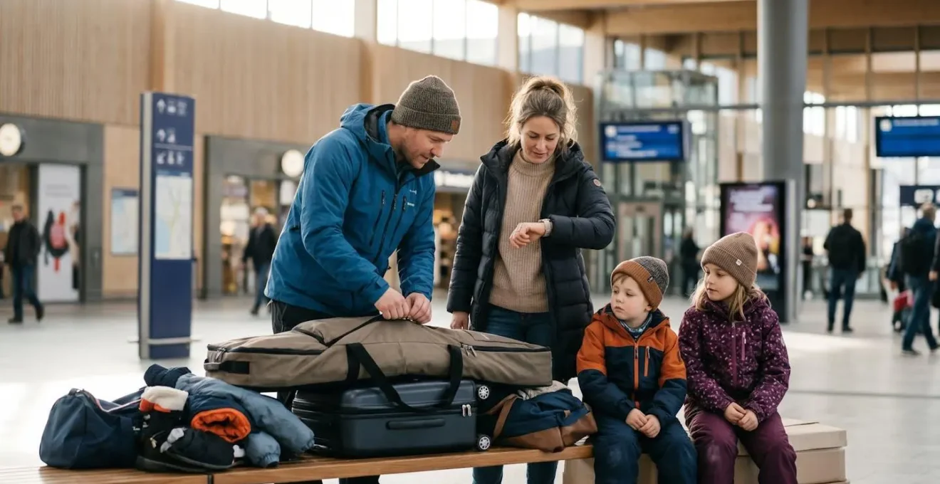 Famille avec enfants gérant leur équipement de ski dans une gare