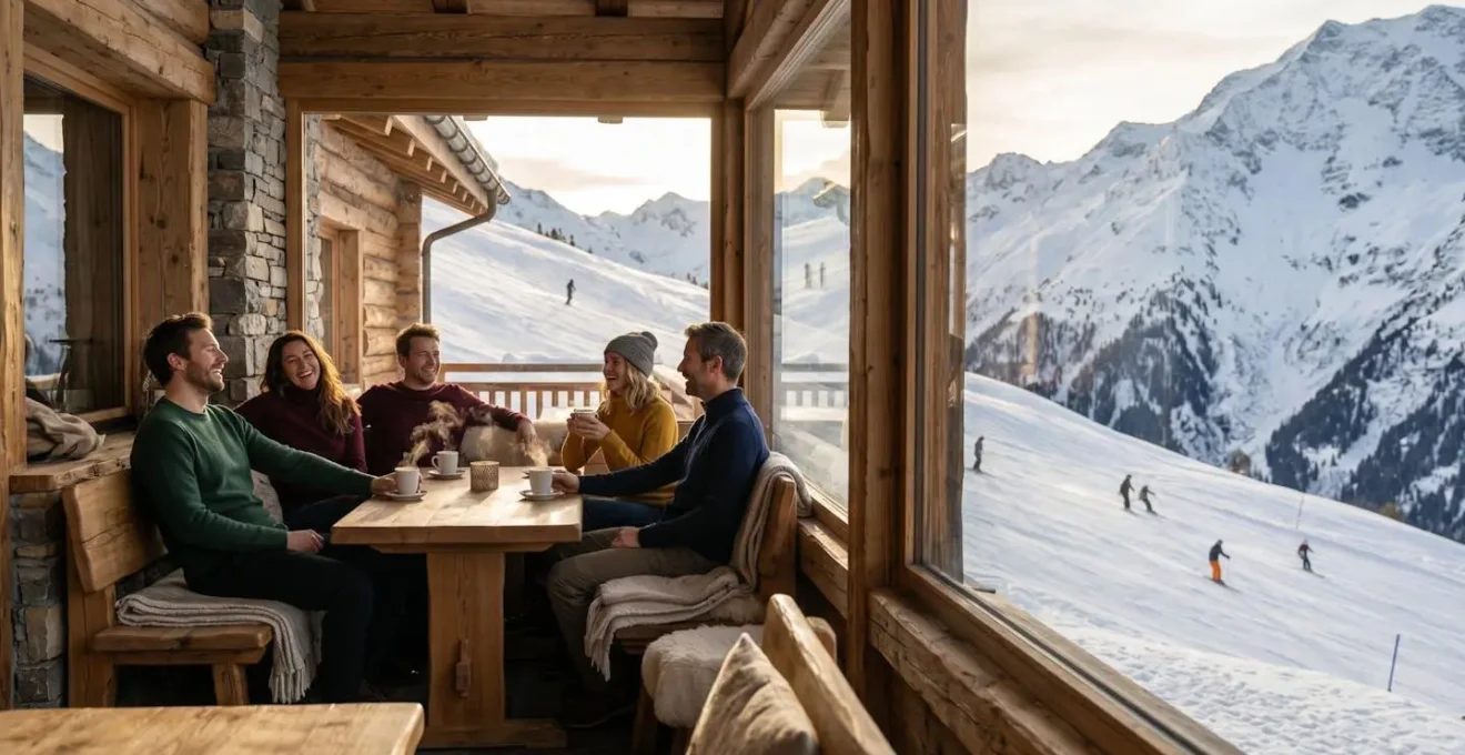 Famille de quatre personnes se relaxant sur une terrasse ensoleillée de station de ski