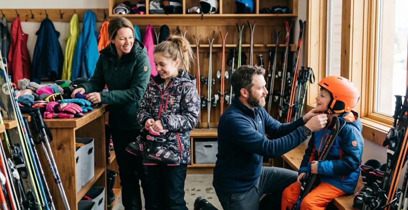 Famille de quatre personnes préparant leur équipement de ski personnel dans un local à ski moderne