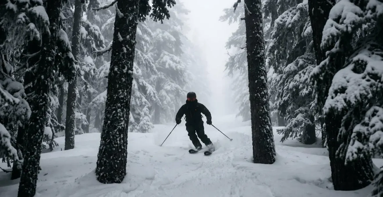 Skieur évoluant entre les arbres dans une forêt enneigée par jour de brouillard