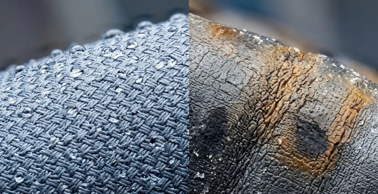 Vue macro comparative de deux membranes de gants, l'une neuve et l'autre usée après 3 saisons