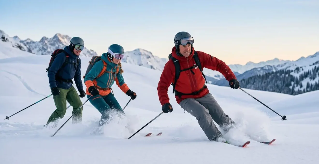 Groupe de skieurs expérimentés avec moniteur explorant le hors-piste en montagne