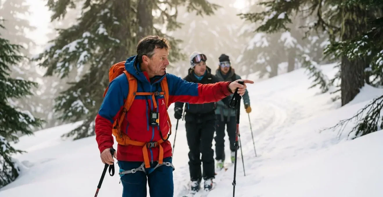 Guide de haute montagne menant un groupe dans la poudreuse en hors-piste