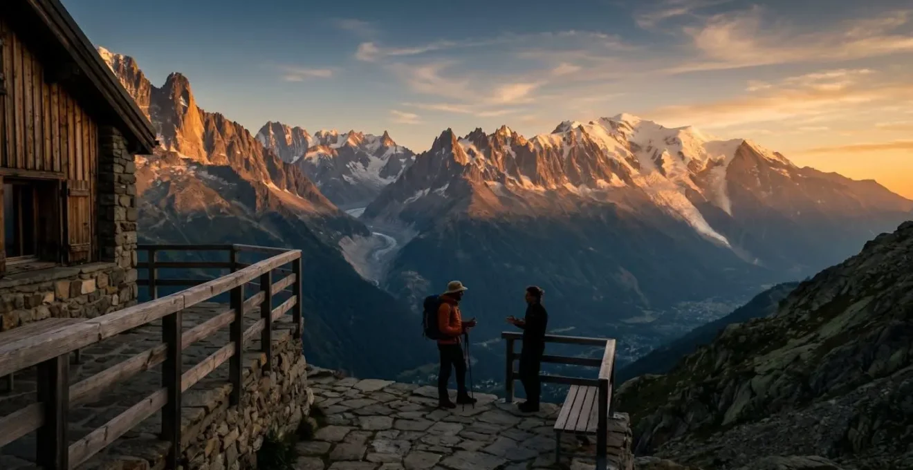 Guide local en discussion avec un gardien de refuge dans un décor de haute montagne au coucher du soleil