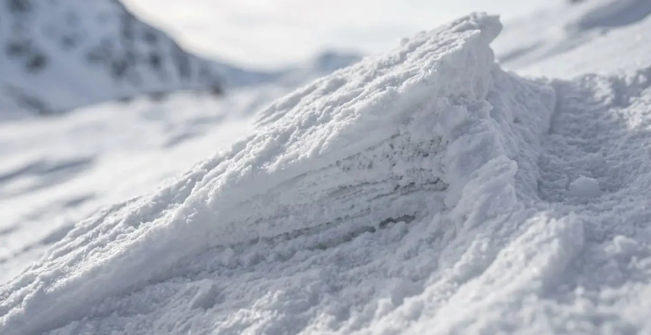 Vue rapprochée de formations de neige sculptées par le vent montrant corniches et sastrugi