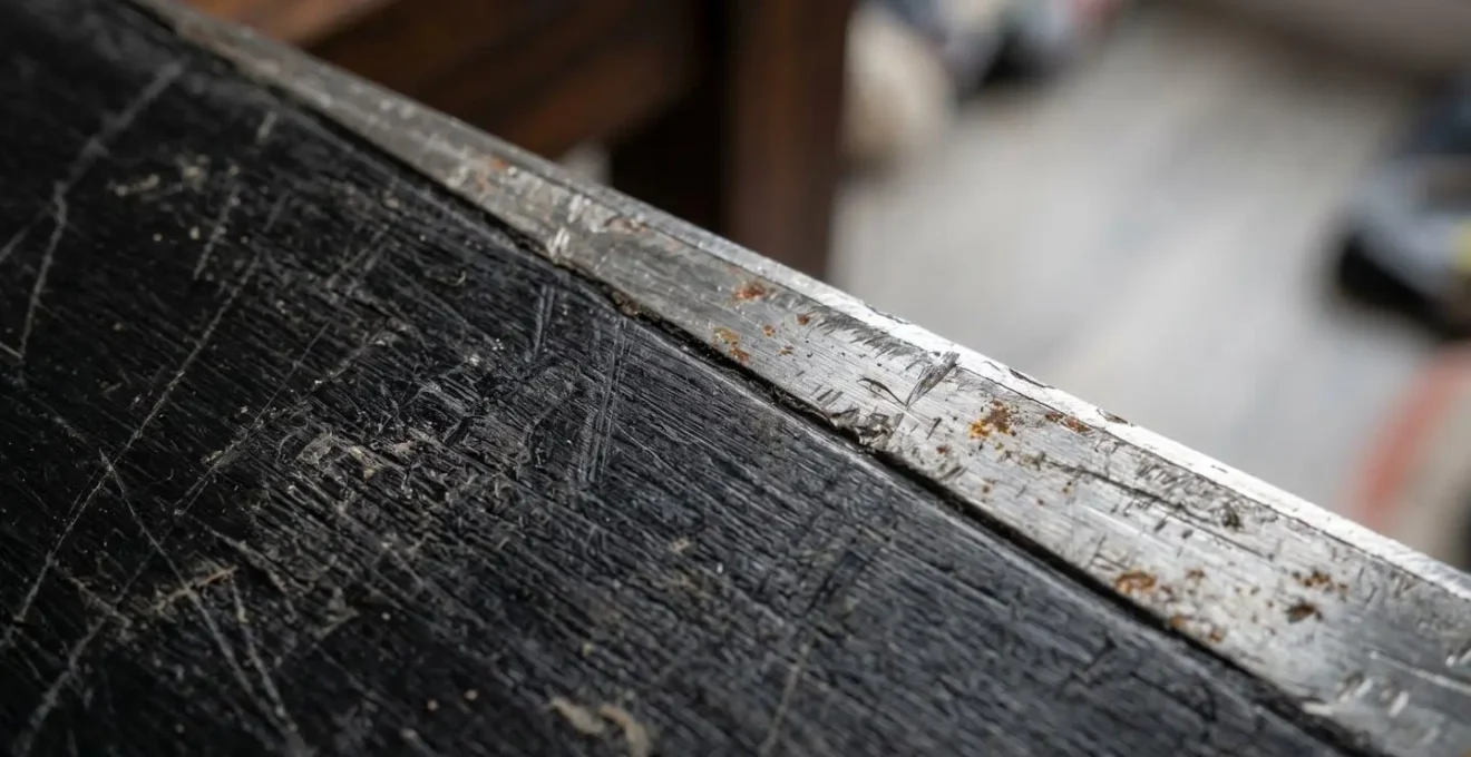 Vue macro détaillée de la semelle d'un ski montrant des rayures et l'état des carres métalliques