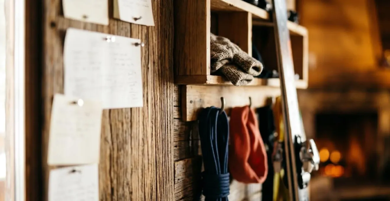 Intérieur de chalet avec espaces délimités et organisation visible