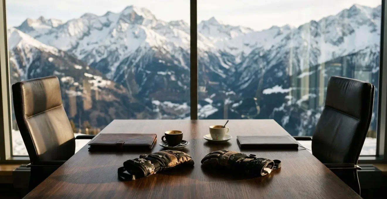 Table de négociation dans un bureau avec vue sur les montagnes enneigées