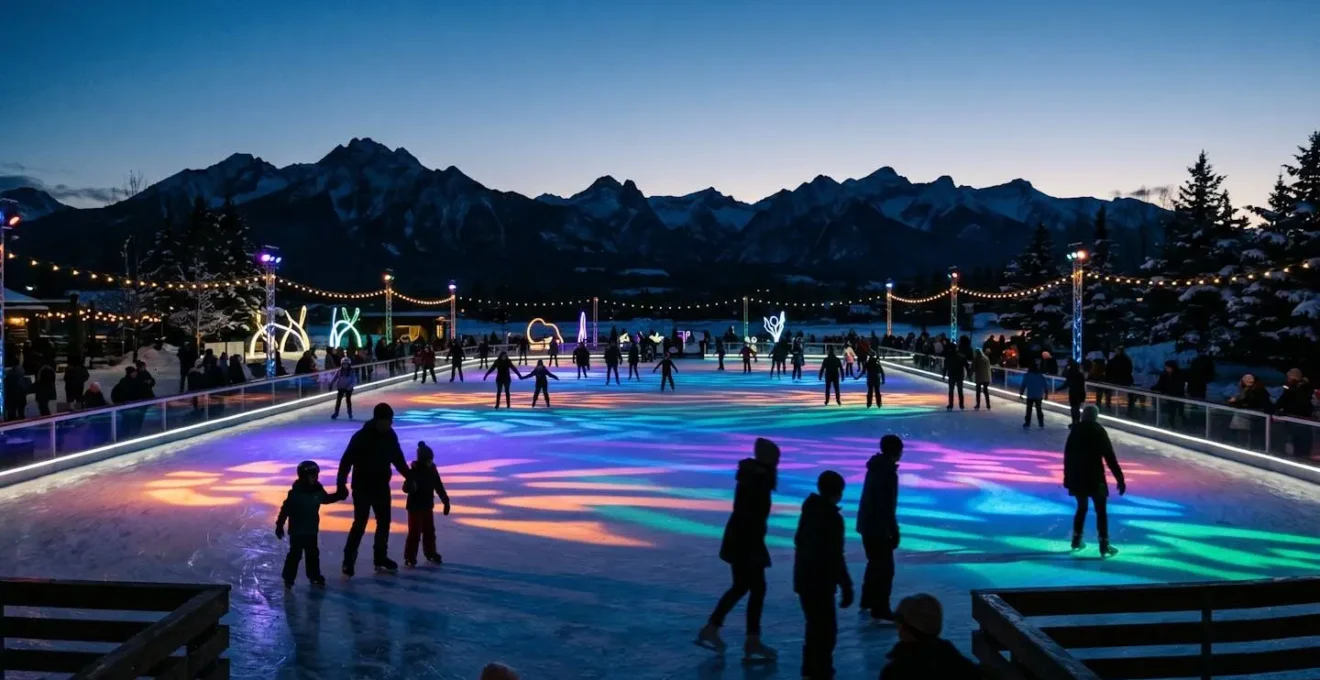Vue large d'une patinoire en soirée avec éclairages colorés et familles patinant