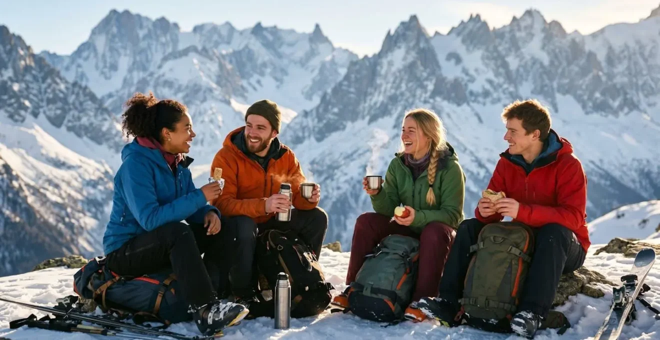 Groupe de freeriders partageant une collation lors d'une pause sur une crête enneigée