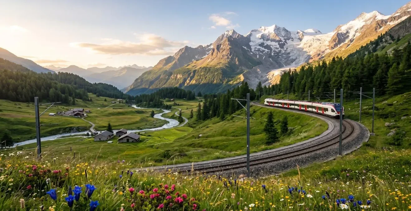 Train électrique traversant une vallée alpine préservée avec des glaciers en arrière-plan, symbolisant un transport écologique