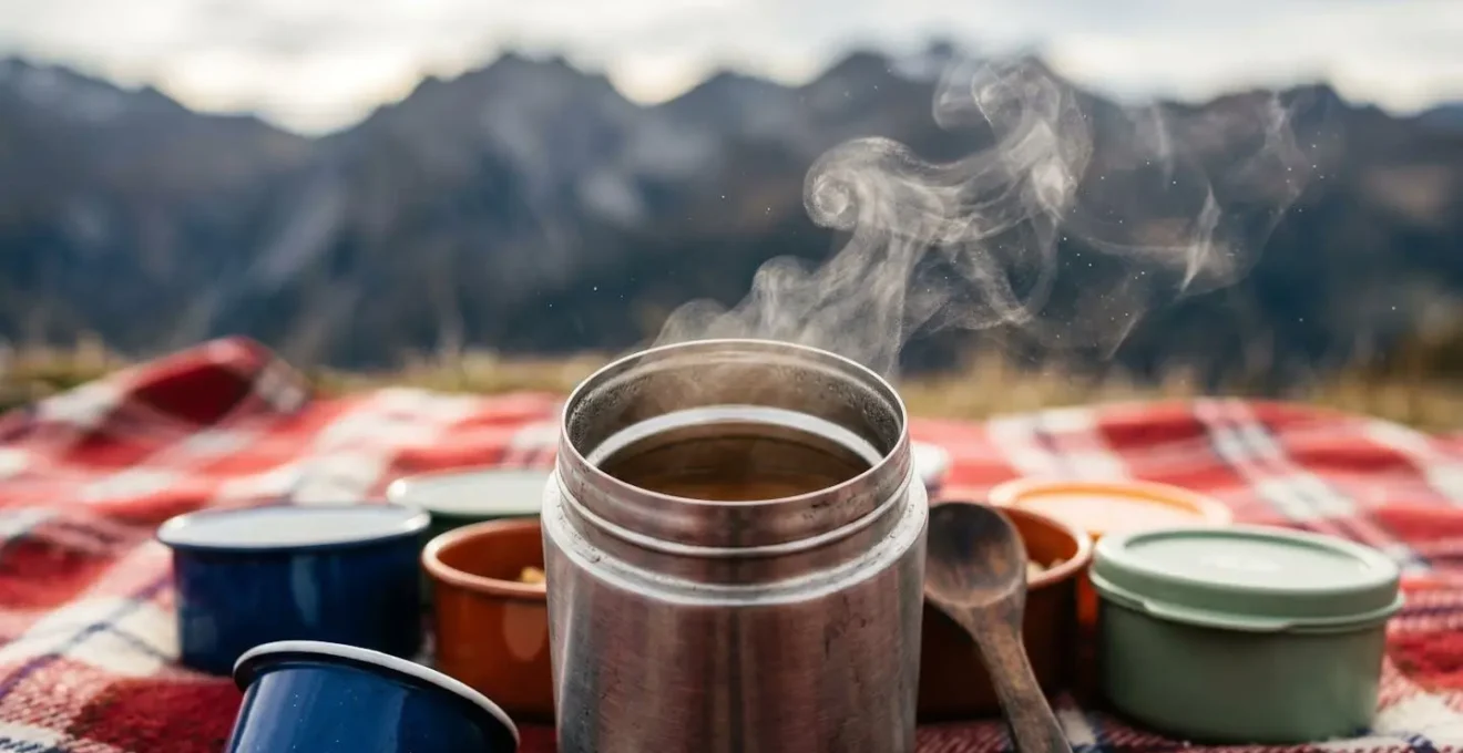 Thermos et contenants alimentaires ouverts sur nappe à carreaux avec panorama montagnard