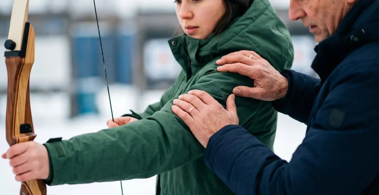 Débutant en position de tir couché avec moniteur corrigeant la posture