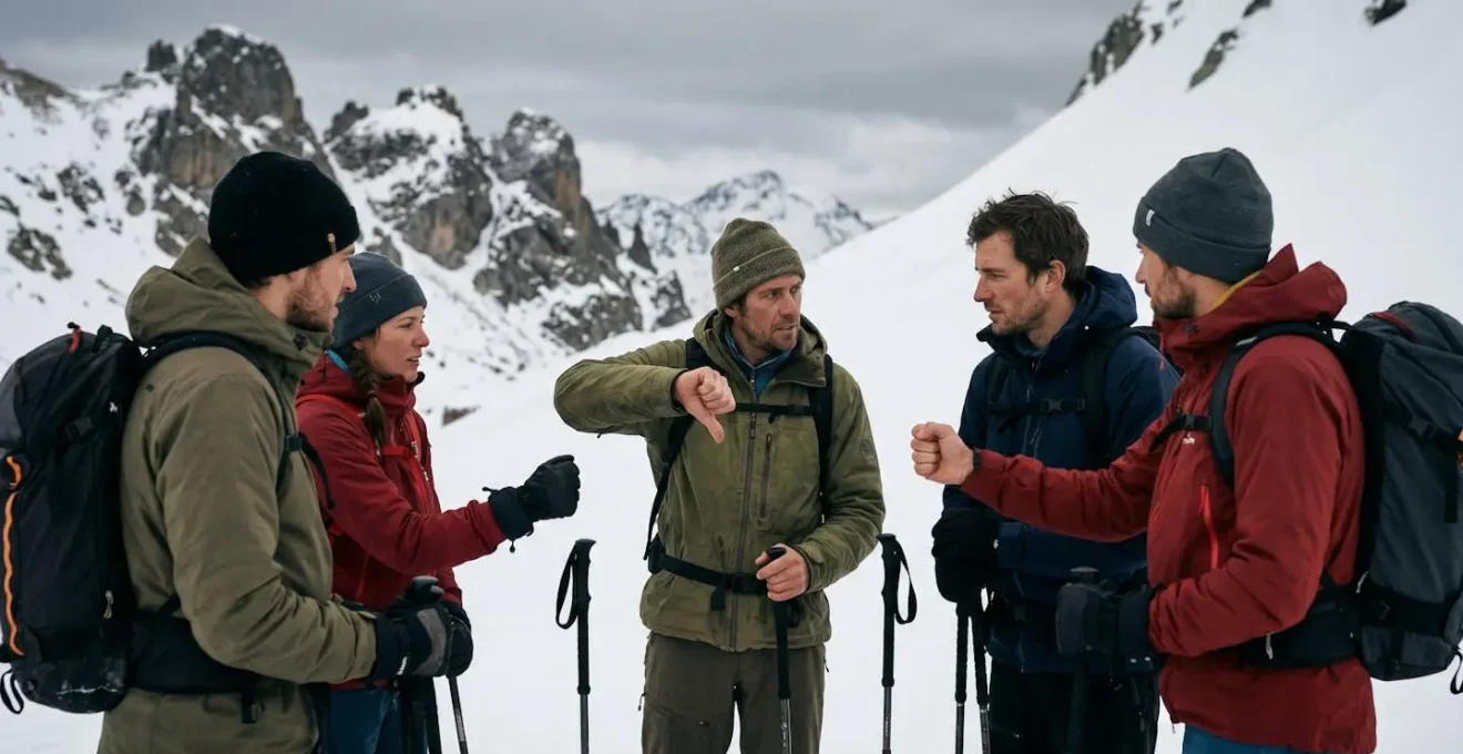 Groupe de skieurs en cercle effectuant un vote de sécurité au sommet d'une pente
