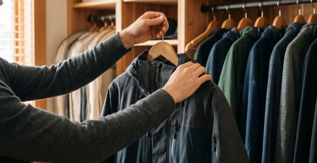 Espace de rangement aéré avec vêtements techniques suspendus correctement