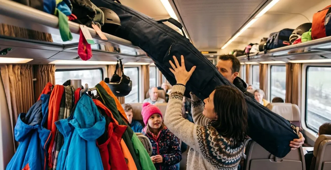 Intérieur de TGV avec espaces bagages et housses de ski rangées de manière organisée