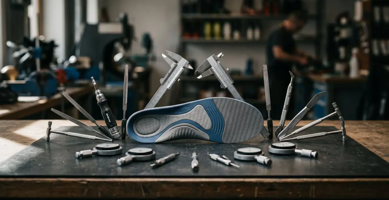 Semelle orthopédique posée sur une surface technique avec outils de mesure