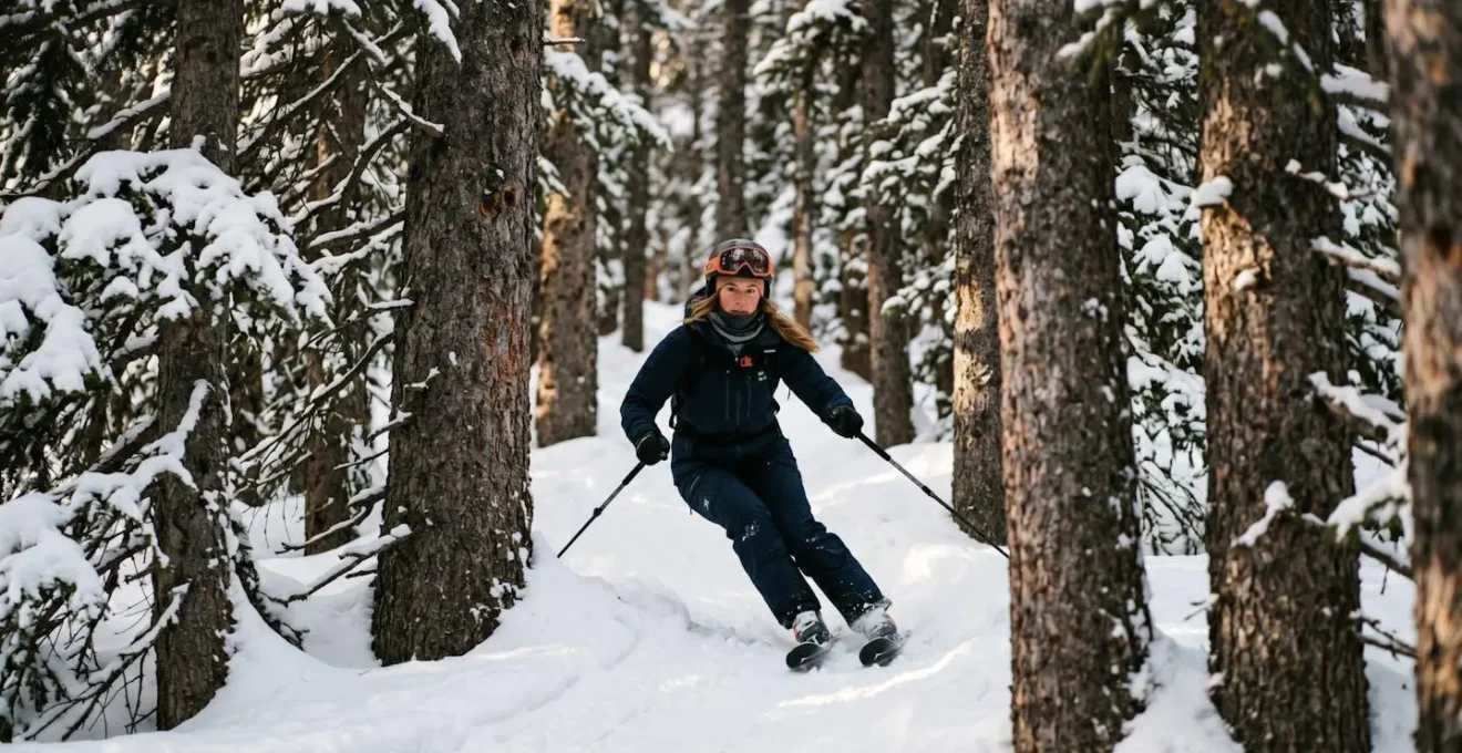 Skieur évoluant dans une forêt dense protectrice en montagne