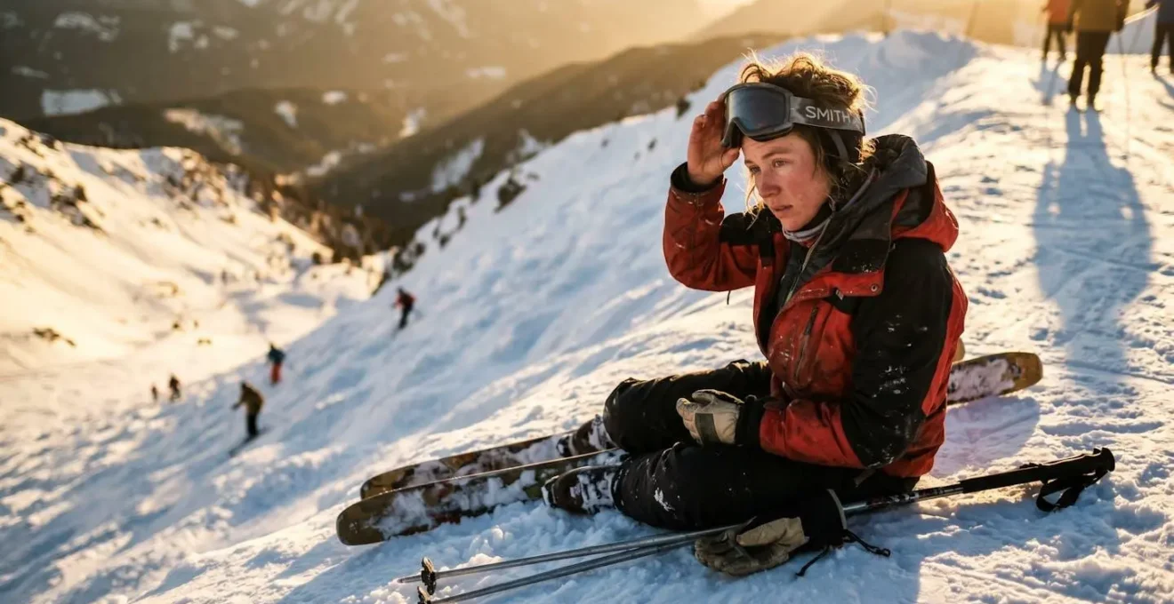 Skieur fatigué contemplant une dernière descente au coucher du soleil en montagne