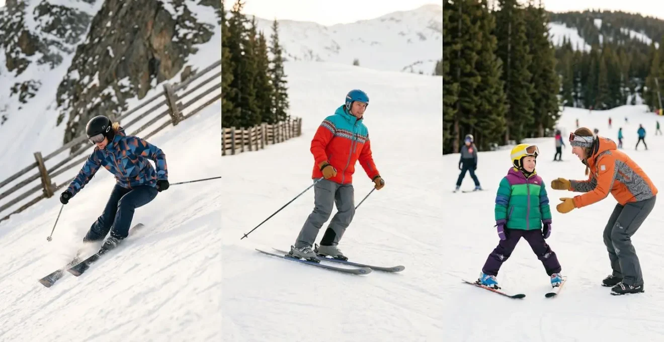 Skieurs de différents niveaux partageant la montagne avec des trajectoires adaptées