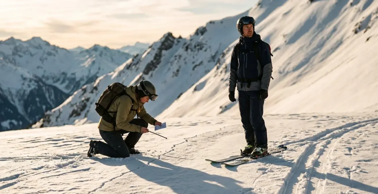 Skieurs évaluant la stabilité du manteau neigeux dans une pente alpine