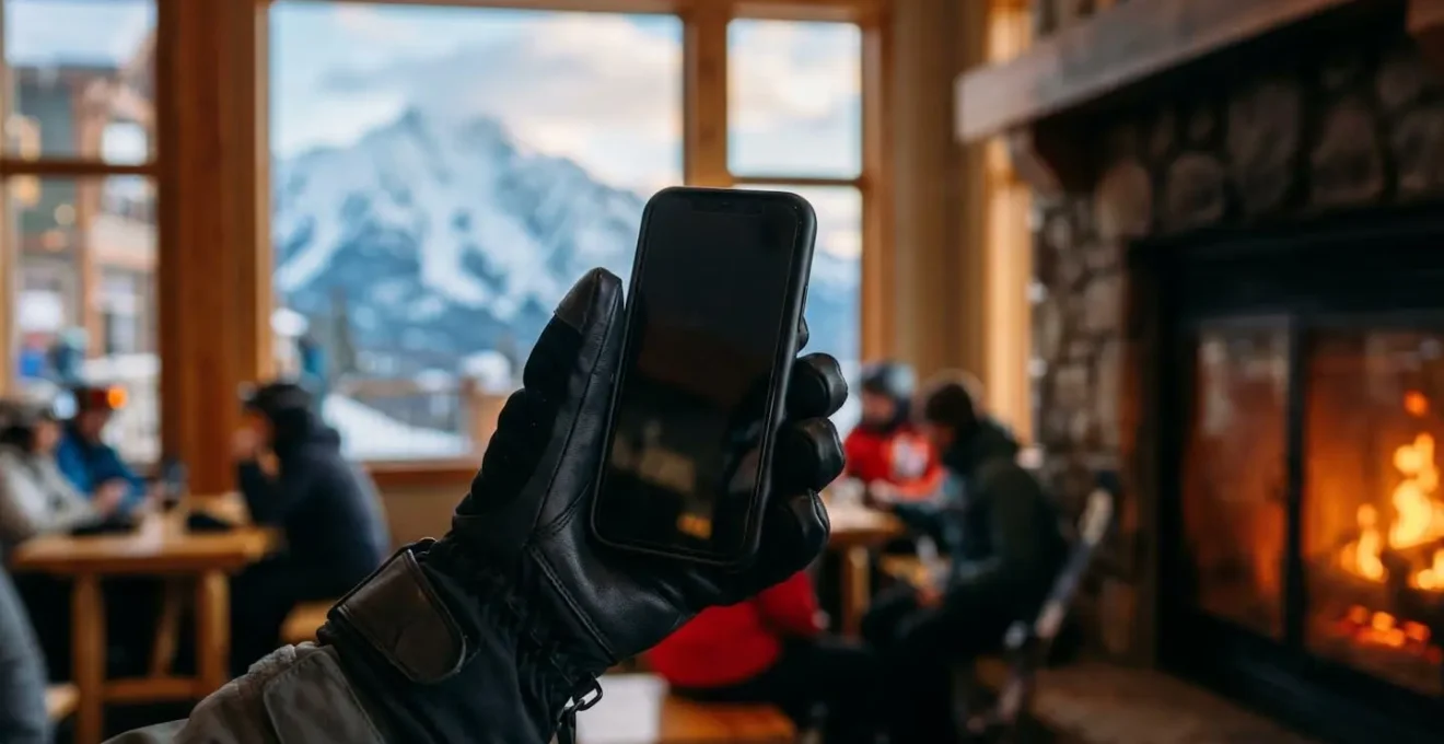 Main tenant un smartphone dans un environnement de station de ski avec montagnes en arrière-plan