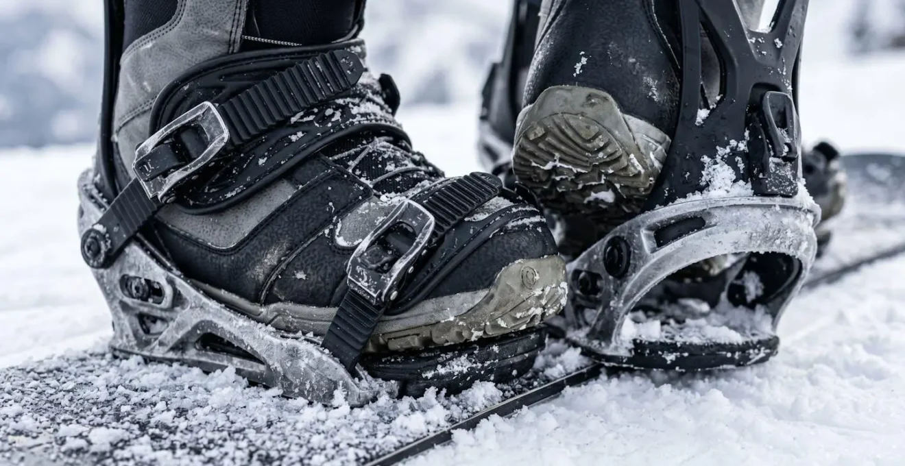 Snowboardeur avec un pied déchaussé se préparant à prendre le téléski