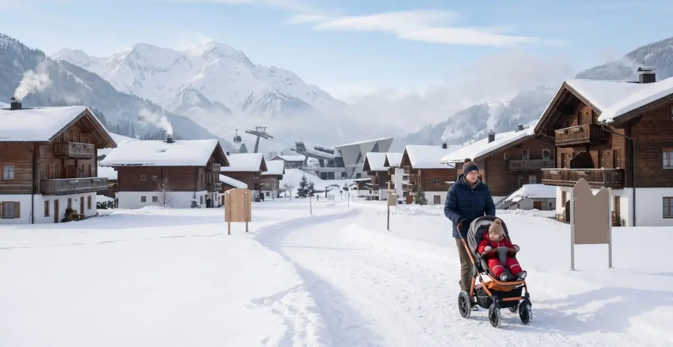 Famille avec poussette sur un chemin piétonnier damé dans une station de ski, entourée de chalets traditionnels