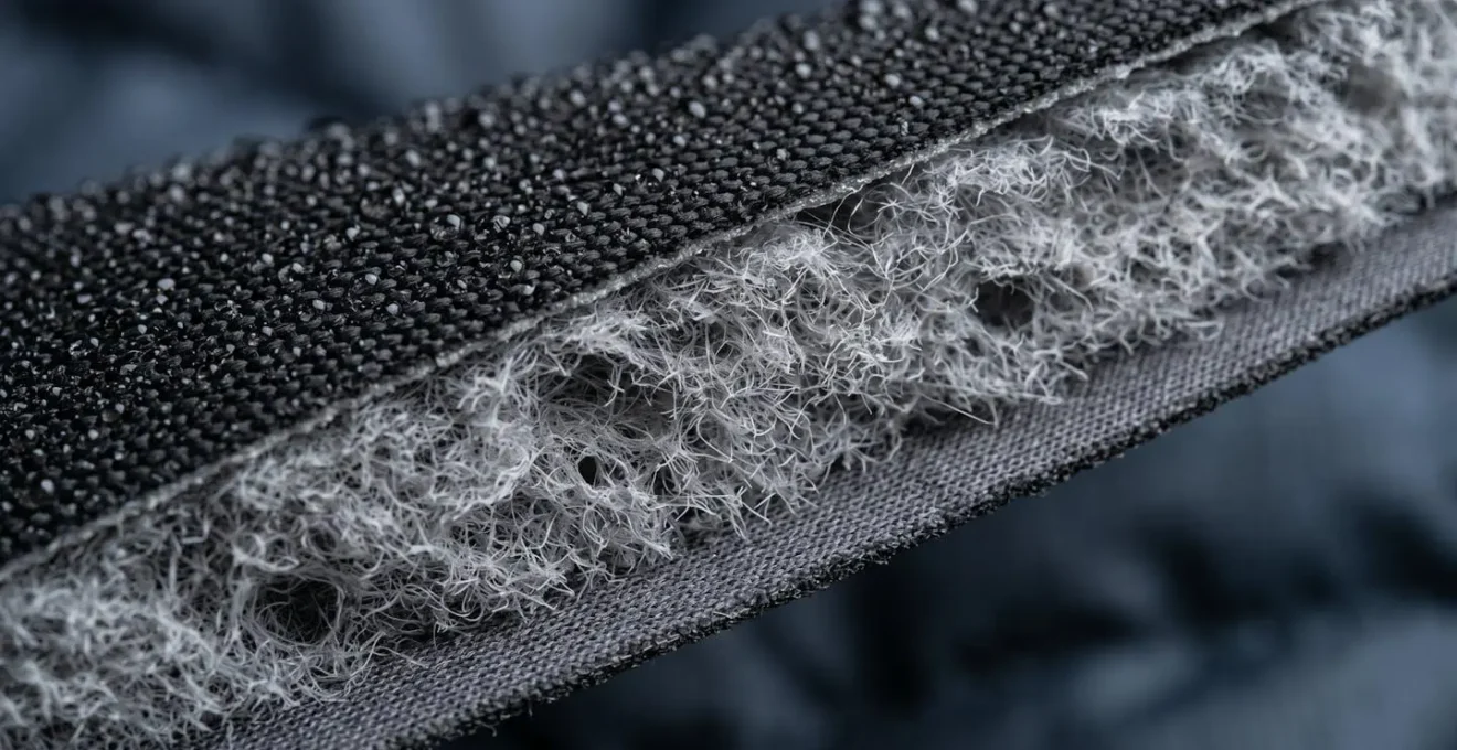 Détail des trois couches de vêtements techniques pour le ski avec espace d'air visible