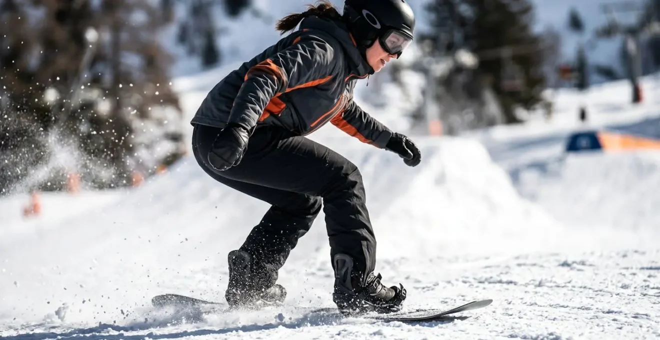 Vue latérale d'un snowboarder en phase d'atterrissage avec position fléchie, démontrant un amorti actif.