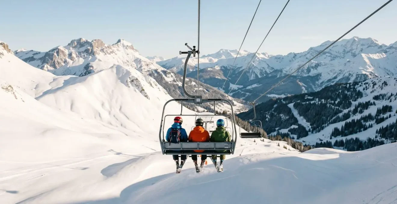 Vue arrière de skieurs sur un télésiège surplombant les pistes enneigées