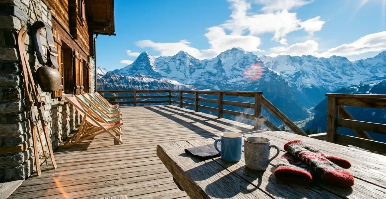 Vue panoramique depuis une terrasse de restaurant d'altitude dans les Alpes