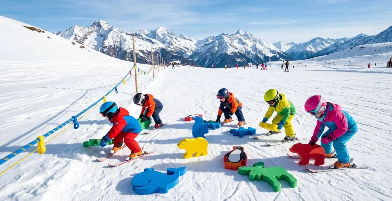 Enfants ramassant des figurines colorées sur une pente douce enneigée avec fil neige