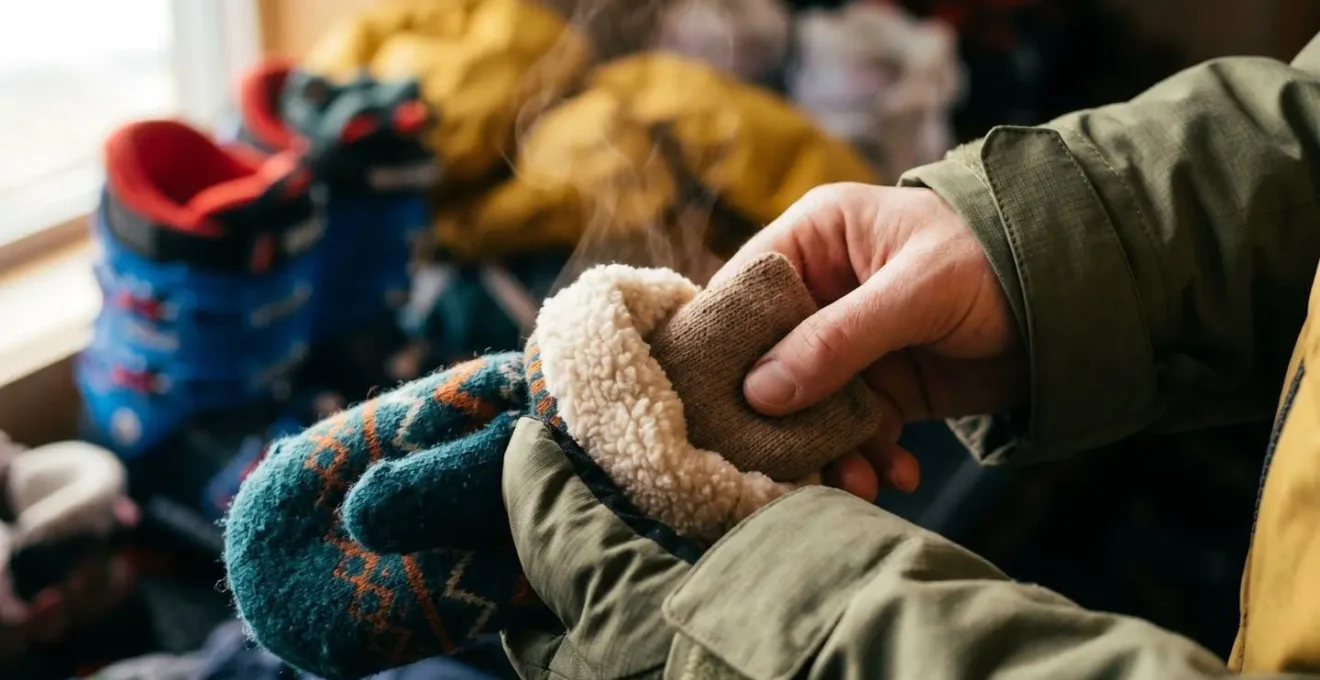 Gros plan sur des petites mains d'enfant enfilant des moufles colorées avec équipement de ski en arrière-plan