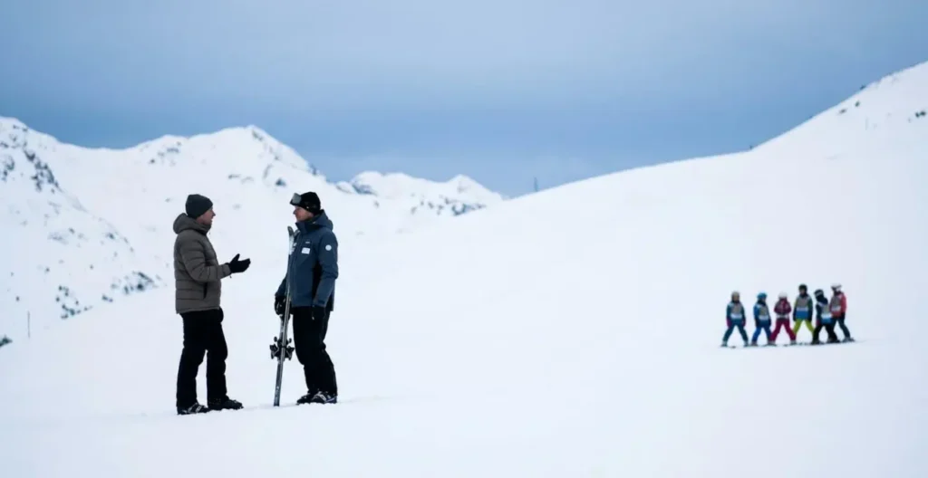 Échange bienveillant entre parent et moniteur de ski en retrait du groupe d'enfants, dans un cadre montagnard apaisant Échange bienveillant entre parent et moniteur de ski en retrait du groupe d'enfants, dans un cadre montagnard apaisant